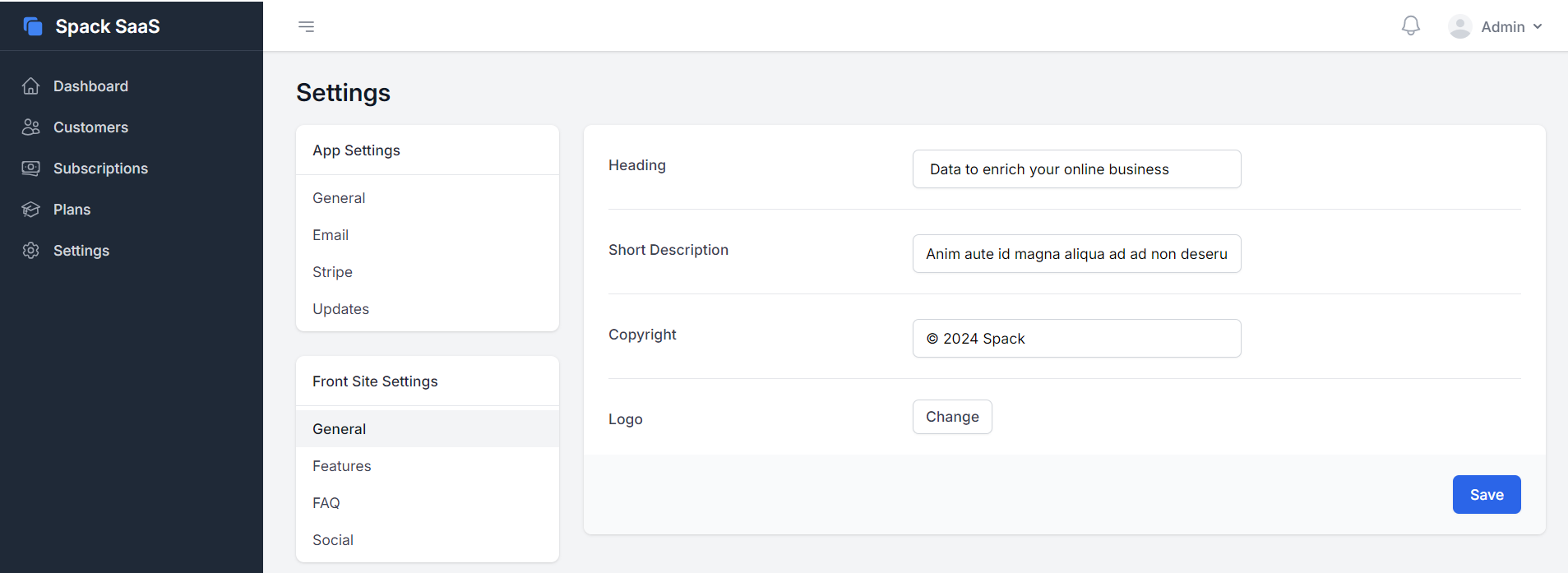 Front Site General Settings